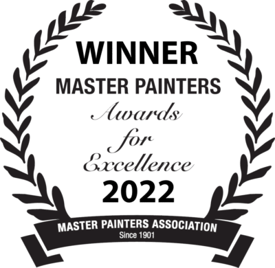 Black laurel wreath design with text: "Winner, Master Painters Awards for Excellence 2022, Master Painters Association, Since 1901.