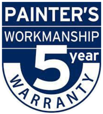 Shield-shaped logo with the text "Painter's Workmanship 5 Year Warranty" in white on a blue background.