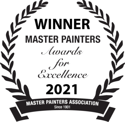 A black laurel wreath logo with the words: "Winner, Master Painters Awards for Excellence 2021, Master Painters Association, Since 1901.