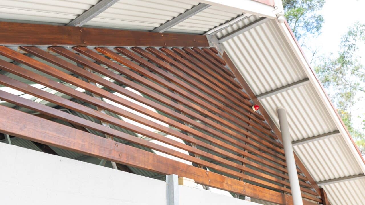 Close-up of an outdoor structure at Wentworth Falls with a metal roof and wooden slats