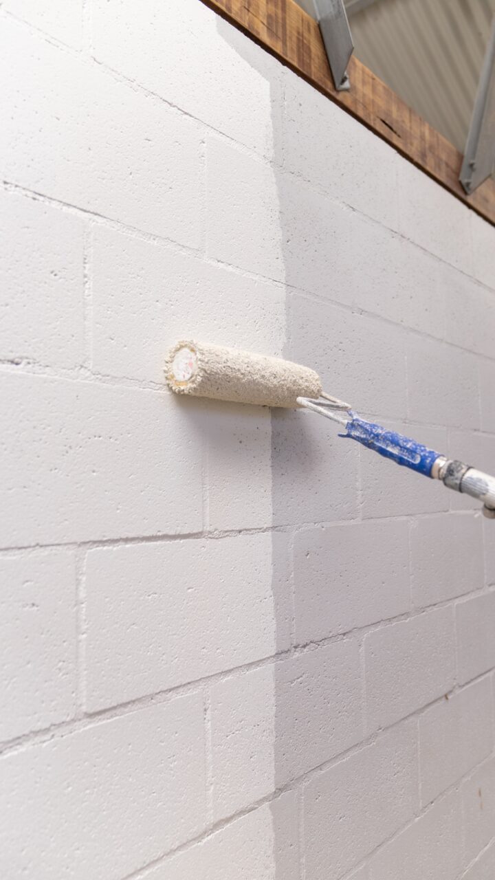 A paint roller on an extended handle is being used to apply white paint to a cinder block wall