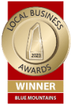 Local Business Awards 2023 winner badge for Blue Mountains Painting, featuring a gold emblem