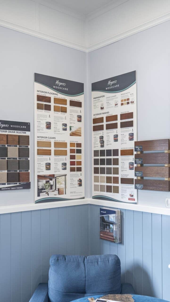 Cozy corner of the bullaburra house, featuring woodcare product brochures and colour samples.