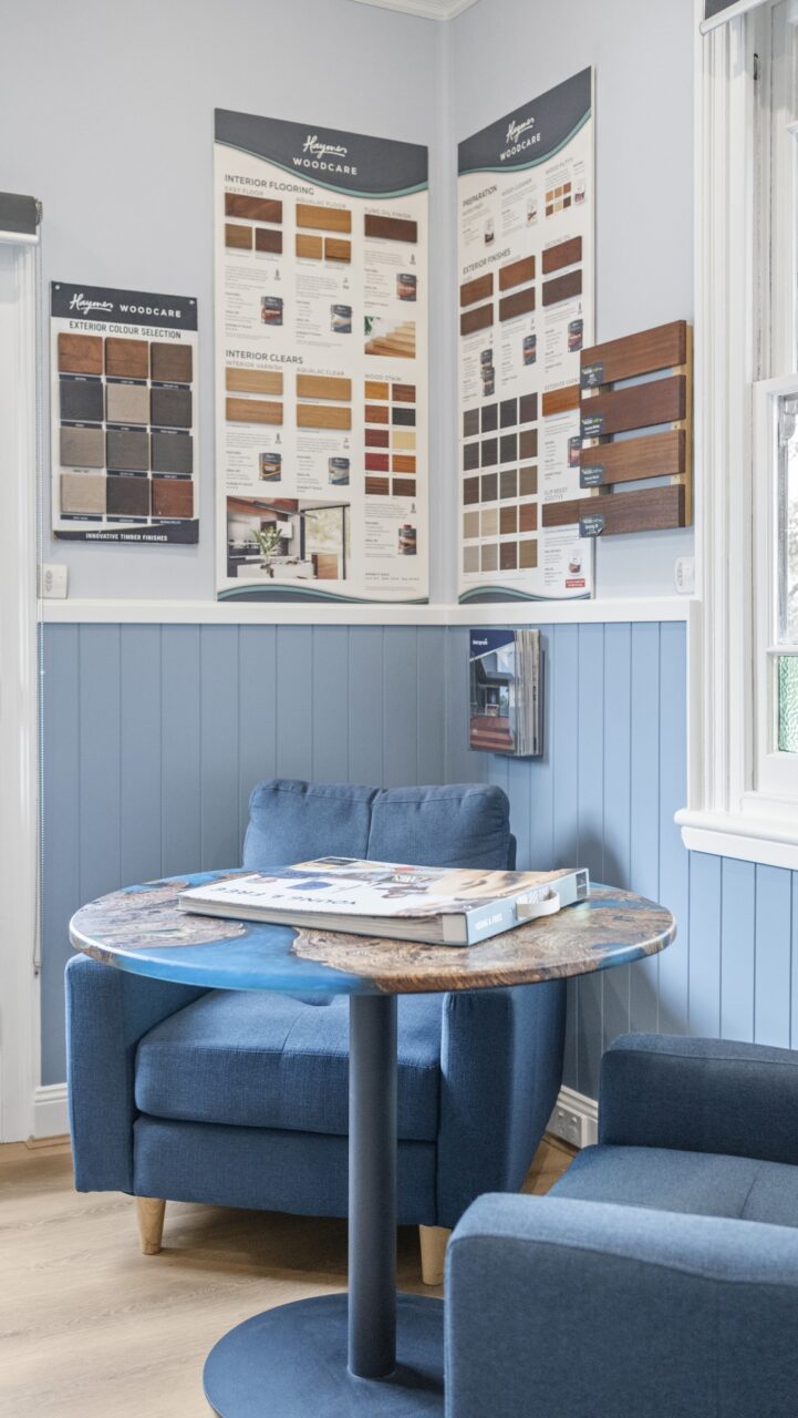 Bullaburra house showroom corner, two blue chairs and a round table.