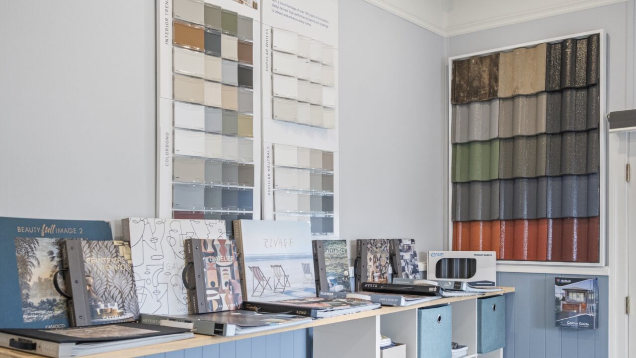 Display room at bullaburra showcasing wall mounted paint swatches.