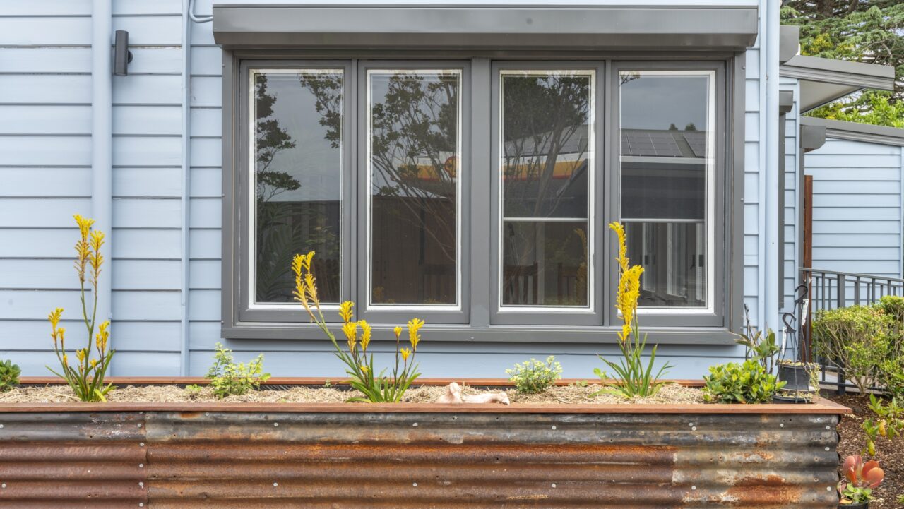 metal planter with yellow flowers and green plants sits gracefully in front of a gray window